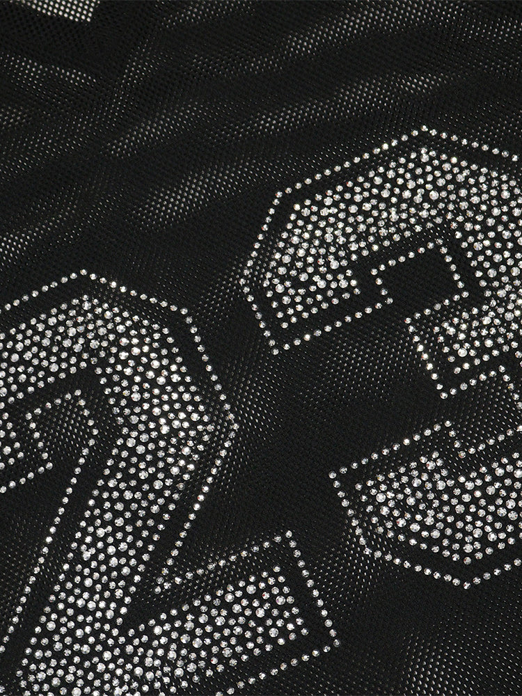 Number Graphic Rhinestone Mesh T-Shirt Dress