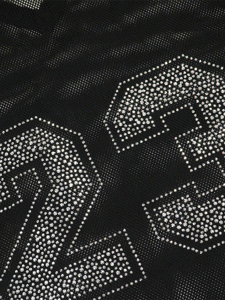 Number Graphic Rhinestone Mesh T-Shirt Dress