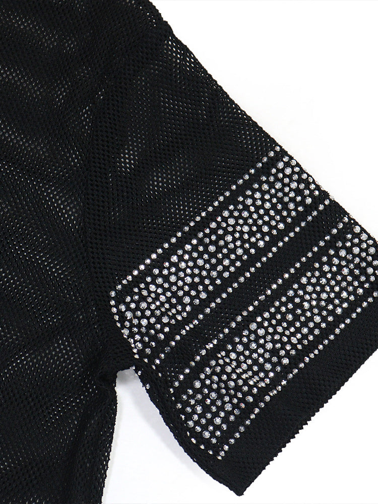 Number Graphic Rhinestone Mesh T-Shirt Dress