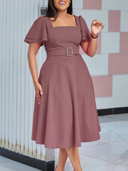Flared Sleeve Square Neck Midi Dress with Belt