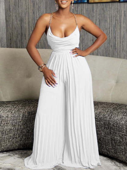 Chain Halter Backless Pleated Jumpsuit