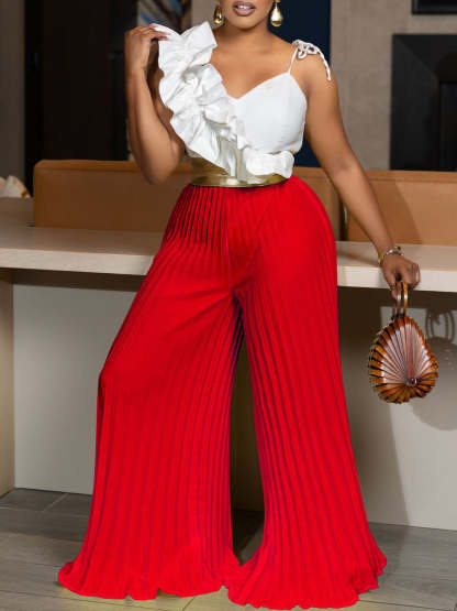One-Shoulder Ruffle Pleated Pants Set