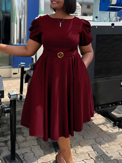 Puff Sleeve Belted A-Line Midi Dress