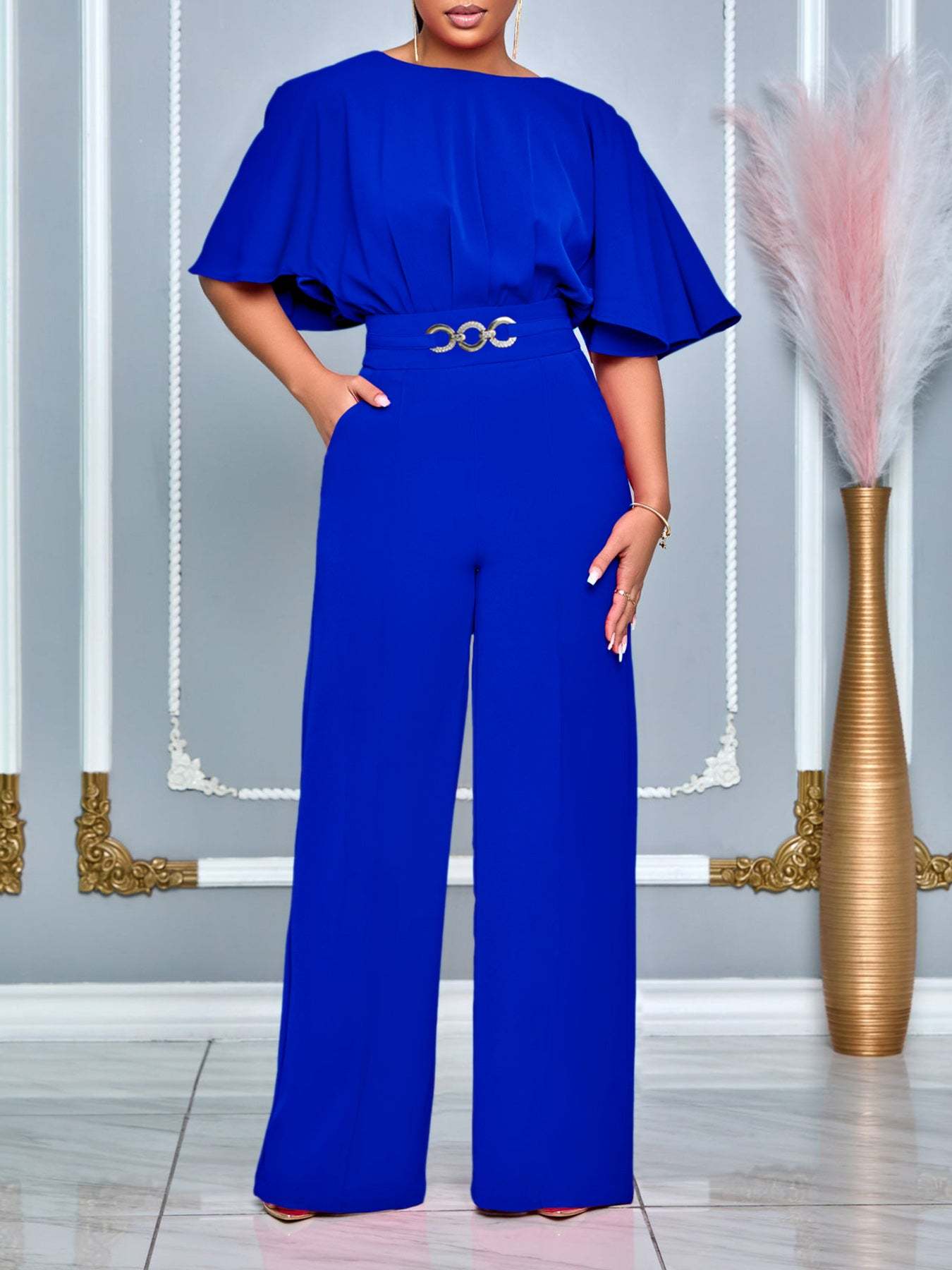 Round Neck Solid Color Wide-Leg Jumpsuit