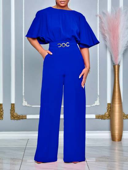 Round Neck Solid Color Wide-Leg Jumpsuit