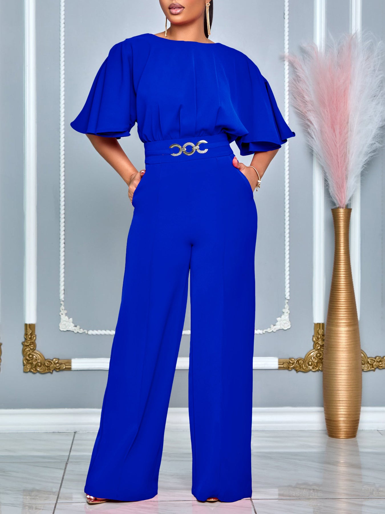 Round Neck Solid Color Wide-Leg Jumpsuit