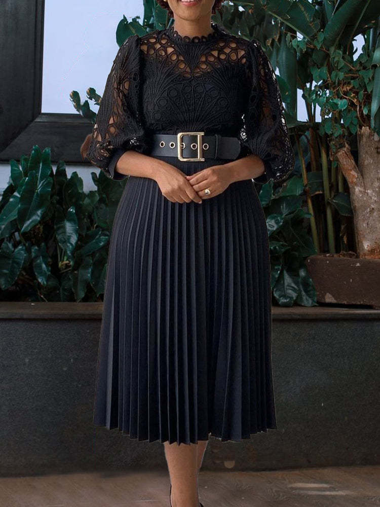 Plus Size Lace Hollow Out Pleated Dress