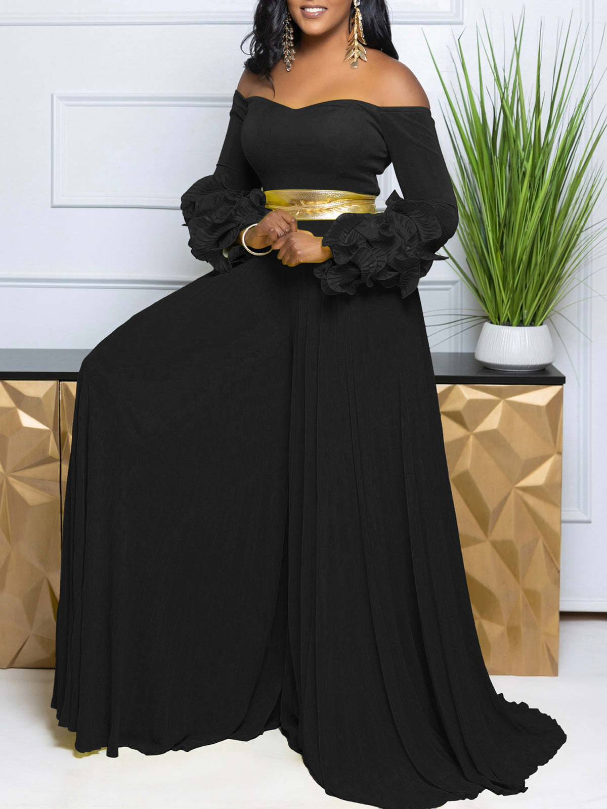 Off-Shoulder Ruffle Pleated Wide Leg Jumpsuit