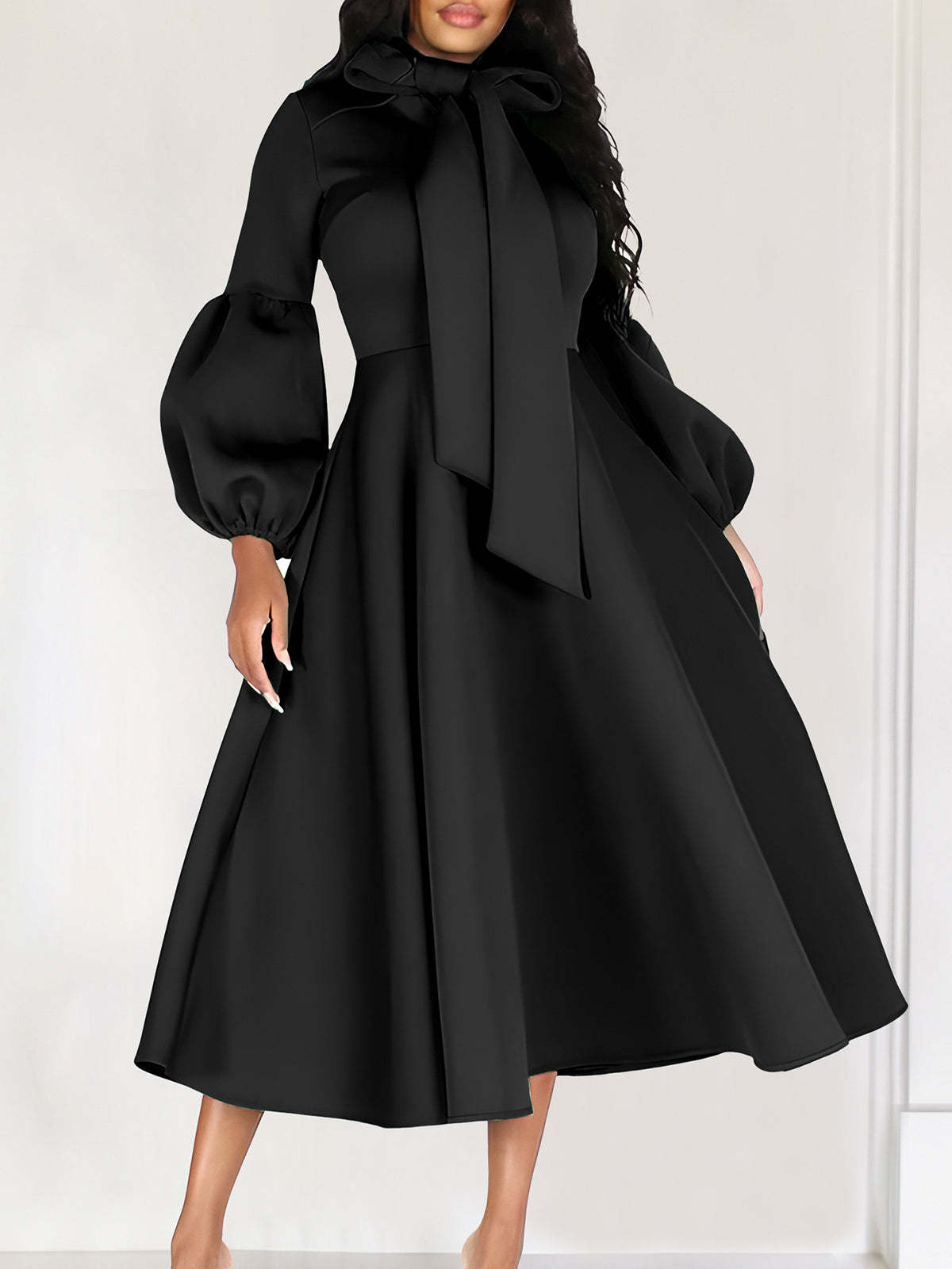 Puff Sleeve Bow-Tie Neck Flared Midi Dress