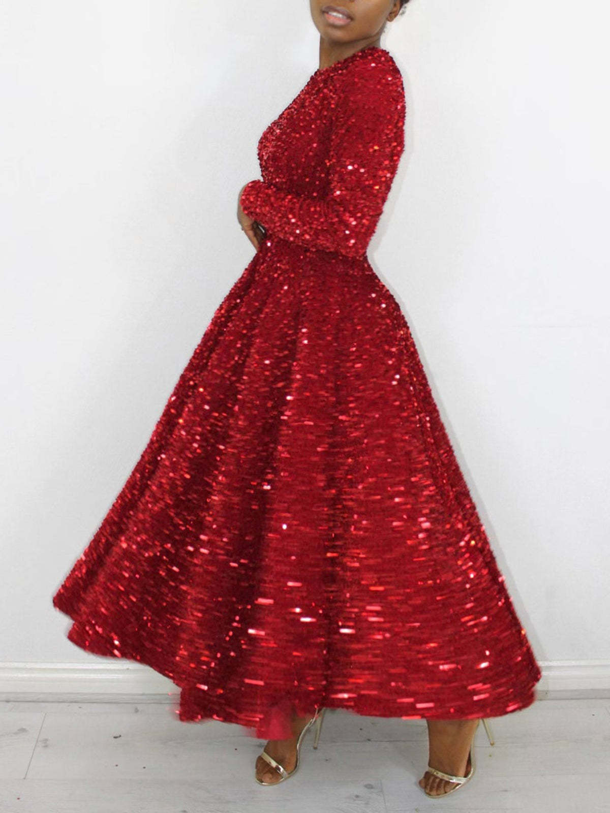 Long Sleeve Solid Color Sequin Dress