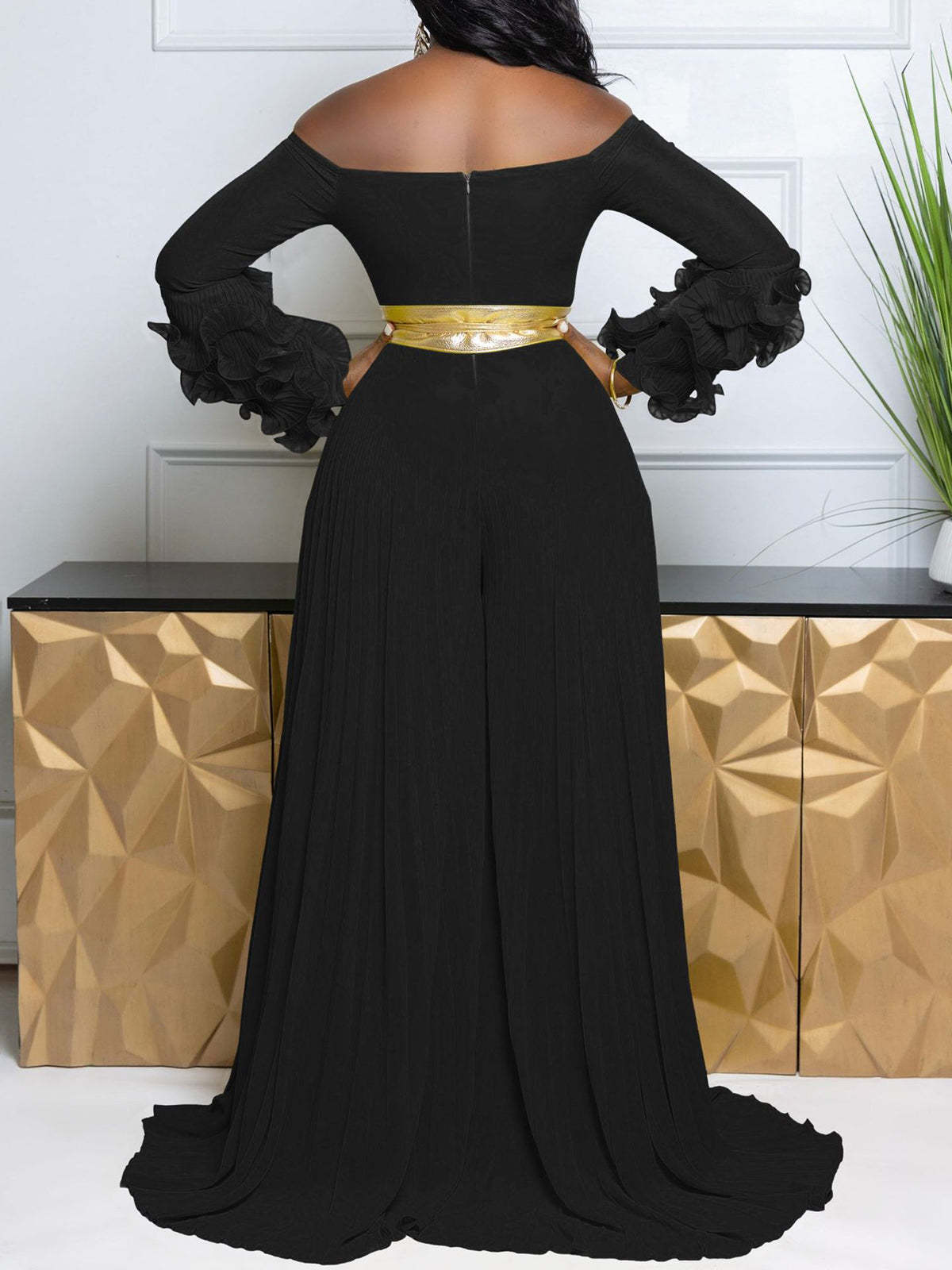 Off-Shoulder Ruffle Pleated Wide Leg Jumpsuit