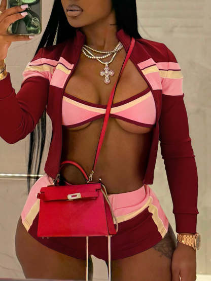 Three Piece Color Block Bra Jacket Shorts Set