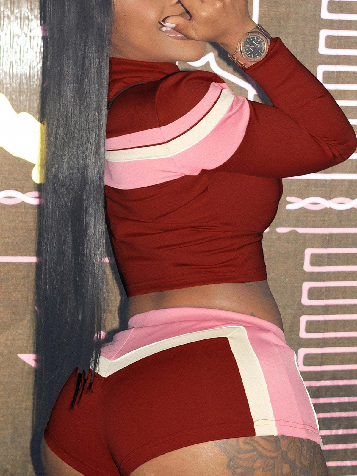 Three Piece Color Block Bra Jacket Shorts Set