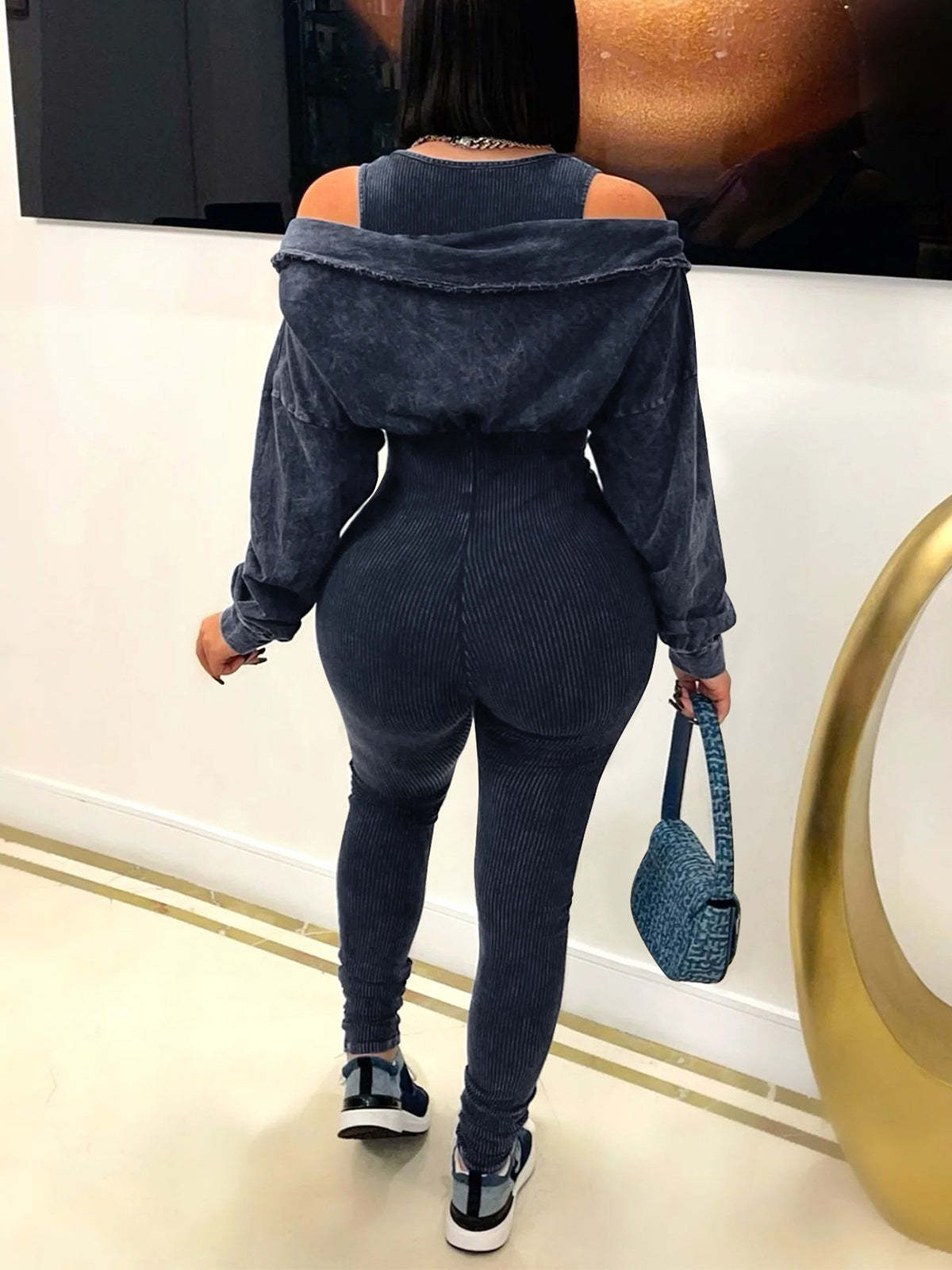 Off Shoulder Long Sleeve Ribbed Jumpsuit