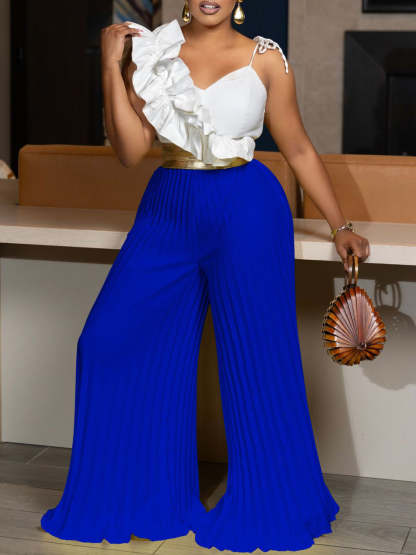 One-Shoulder Ruffle Pleated Pants Set
