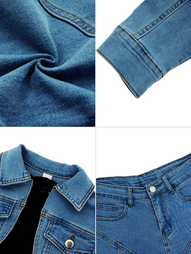 Denim Patchwork Elastic Shorts Two-Piece Set