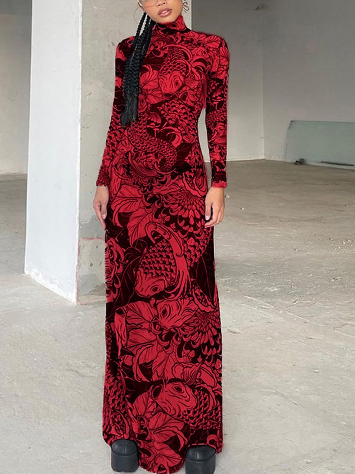 Mock Neck Mesh Print Maxi Dress