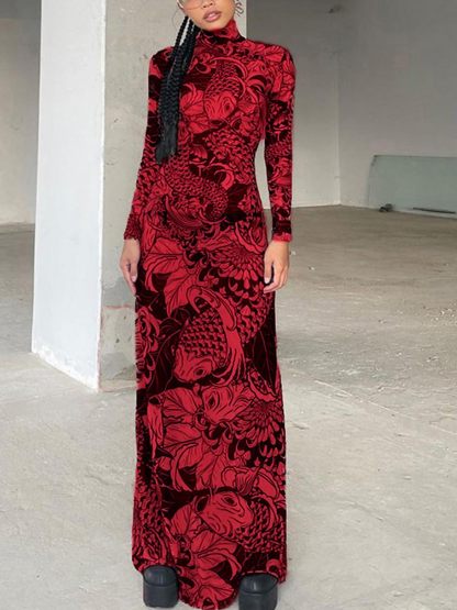 Mock Neck Mesh Print Maxi Dress