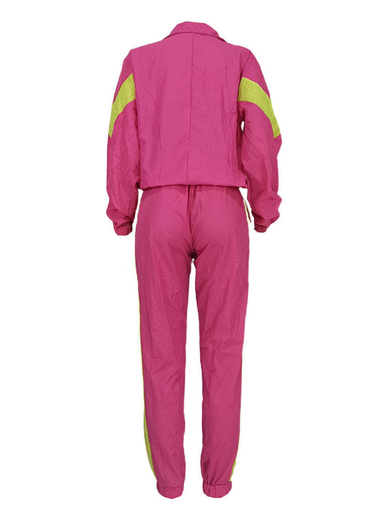 Two Piece Color Block Zip Up Top Long Pants