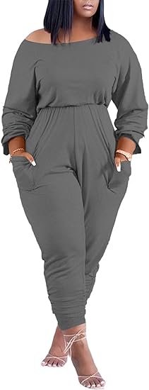 Plus Size Off Shoulder Pockets Loose Jumpsuit