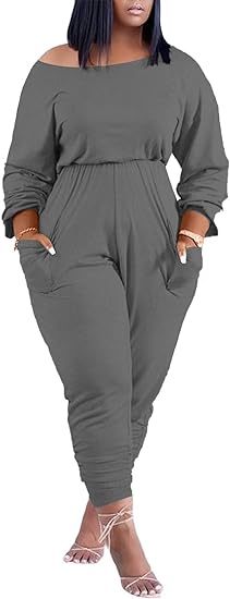 Plus Size Off Shoulder Pockets Loose Jumpsuit