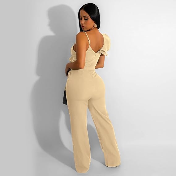 V-Neck Sleeveless Ruffle Backless Wide Leg Jumpsuit