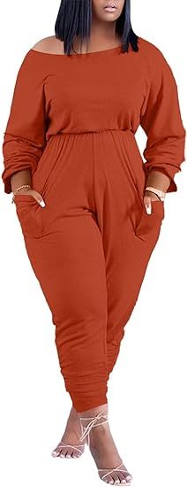 Plus Size Off Shoulder Pockets Loose Jumpsuit