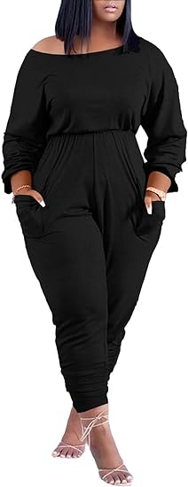 Plus Size Off Shoulder Pockets Loose Jumpsuit