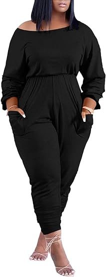 Plus Size Off Shoulder Pockets Loose Jumpsuit