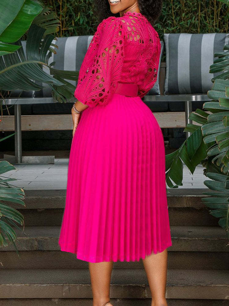 Plus Size Lace Hollow Out Pleated Dress