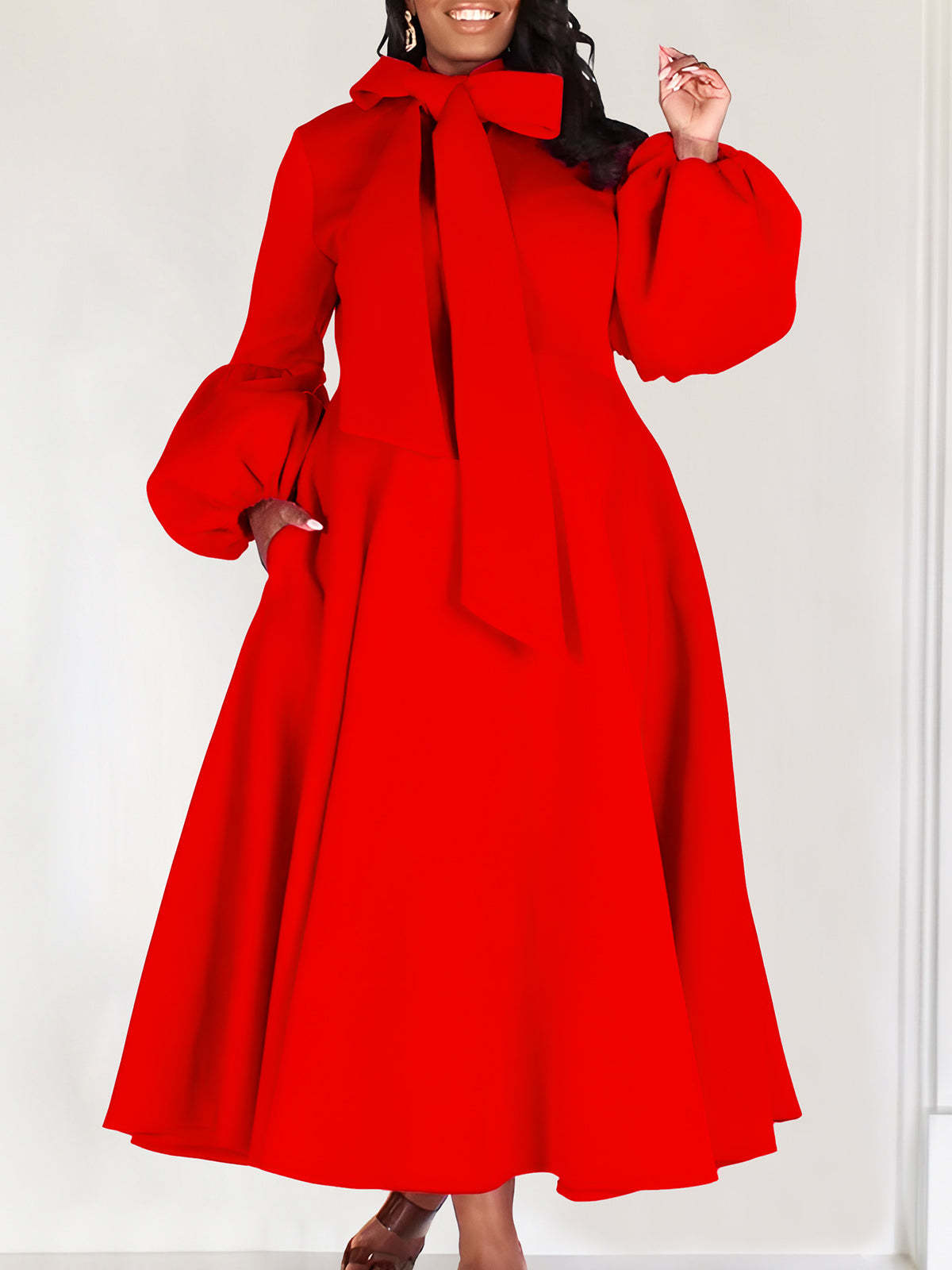 Puff Sleeve Bow-Tie Neck Flared Midi Dress