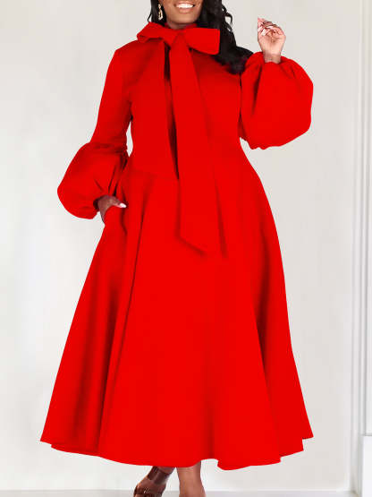 Puff Sleeve Bow-Tie Neck Flared Midi Dress