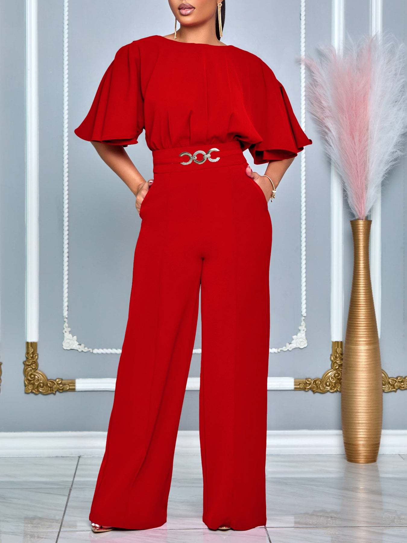 Round Neck Solid Color Wide-Leg Jumpsuit