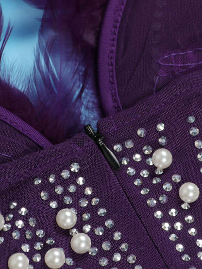 Feather Rhinestone Strapless Mini Dress