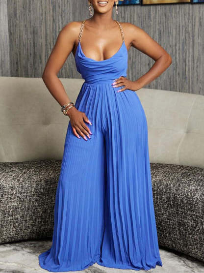 Chain Halter Backless Pleated Jumpsuit