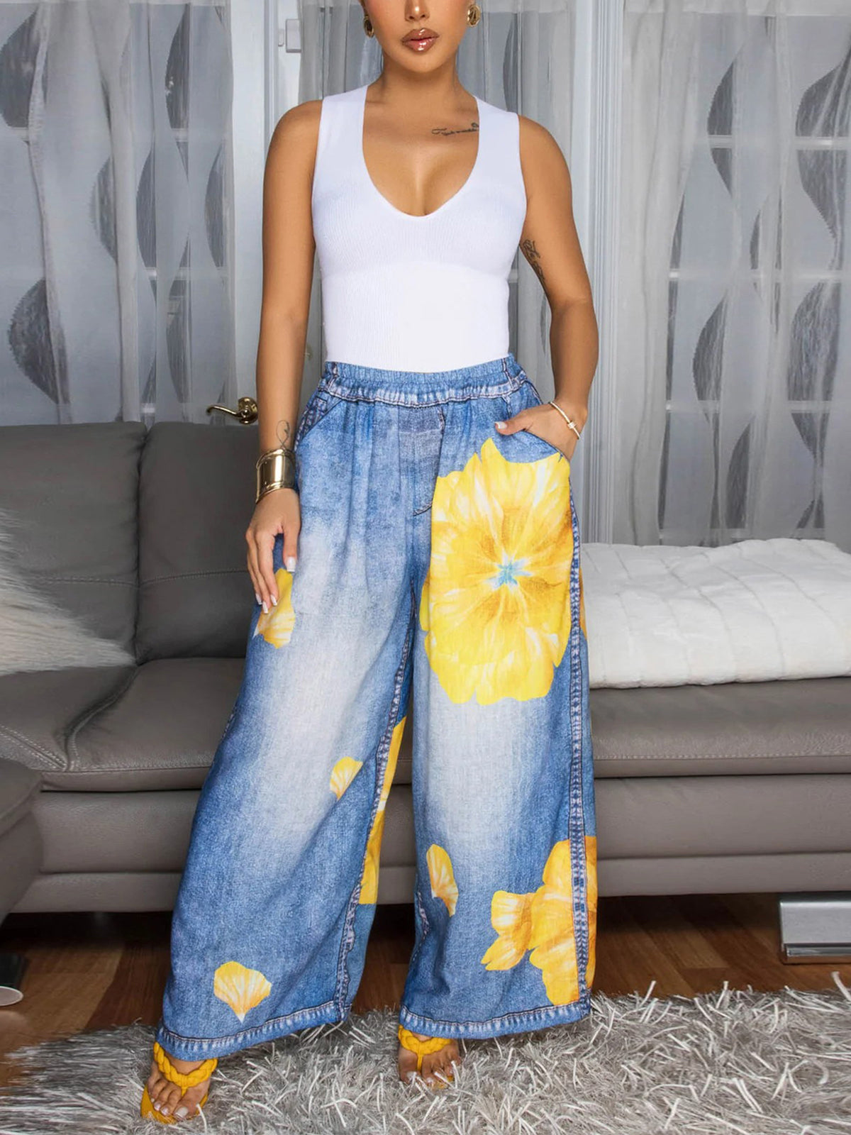 Floral Butterfly Print Wide Leg Jeans