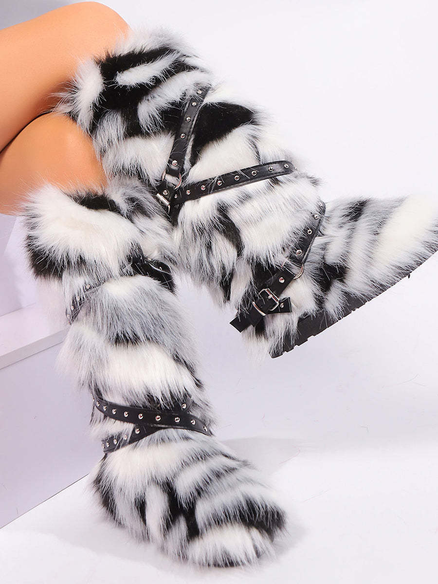 Y2K Faux Fur Cross Strap Buckle Boots