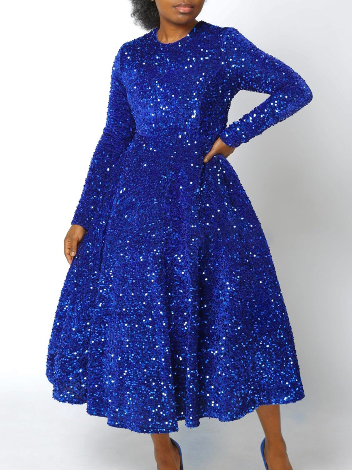Long Sleeve Solid Color Sequin Dress