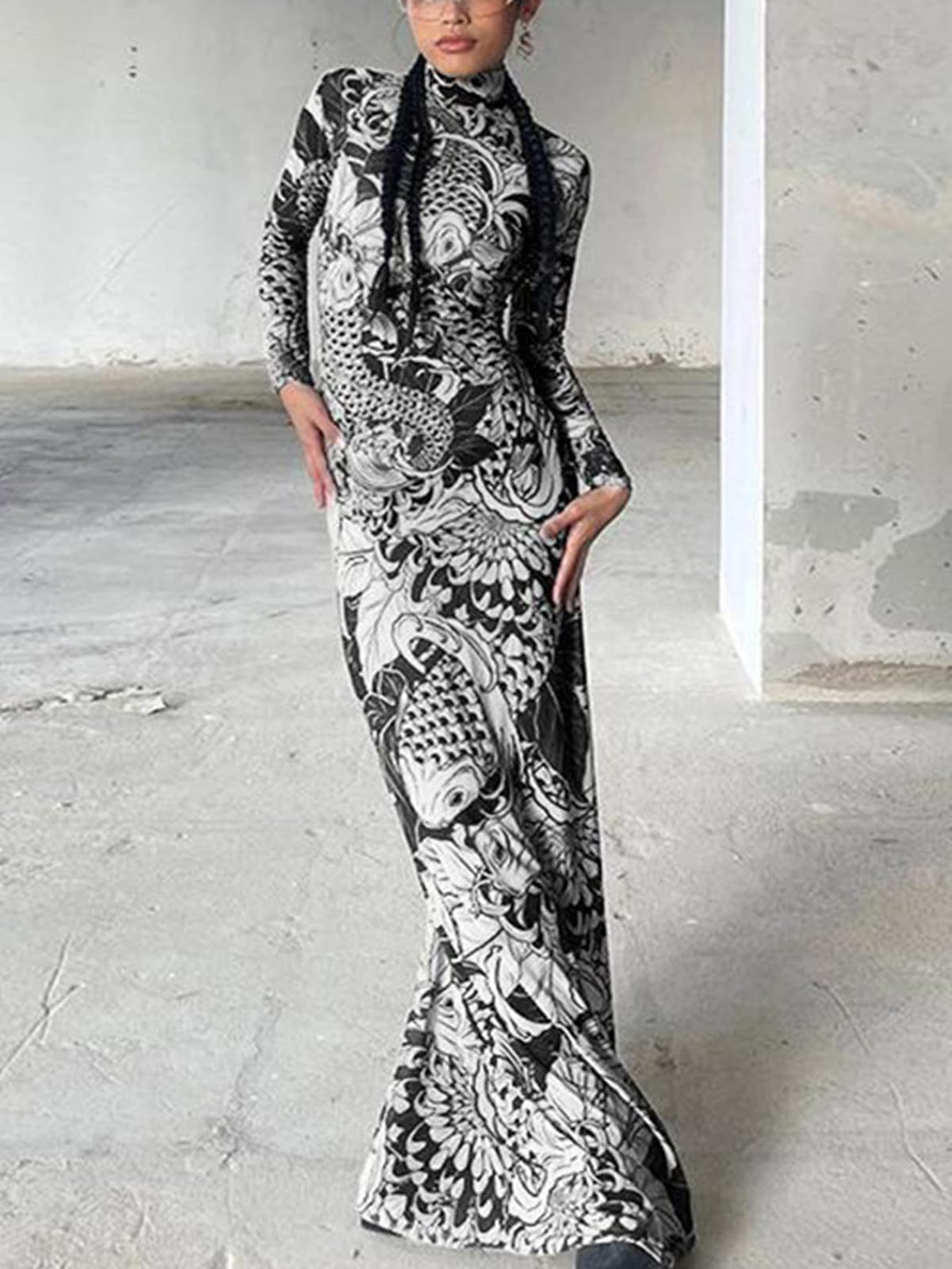 Mock Neck Mesh Print Maxi Dress
