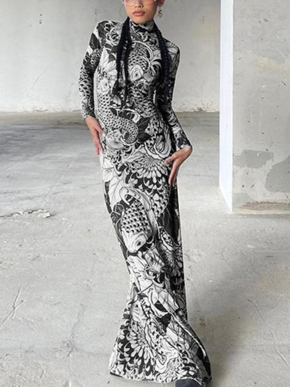 Mock Neck Mesh Print Maxi Dress