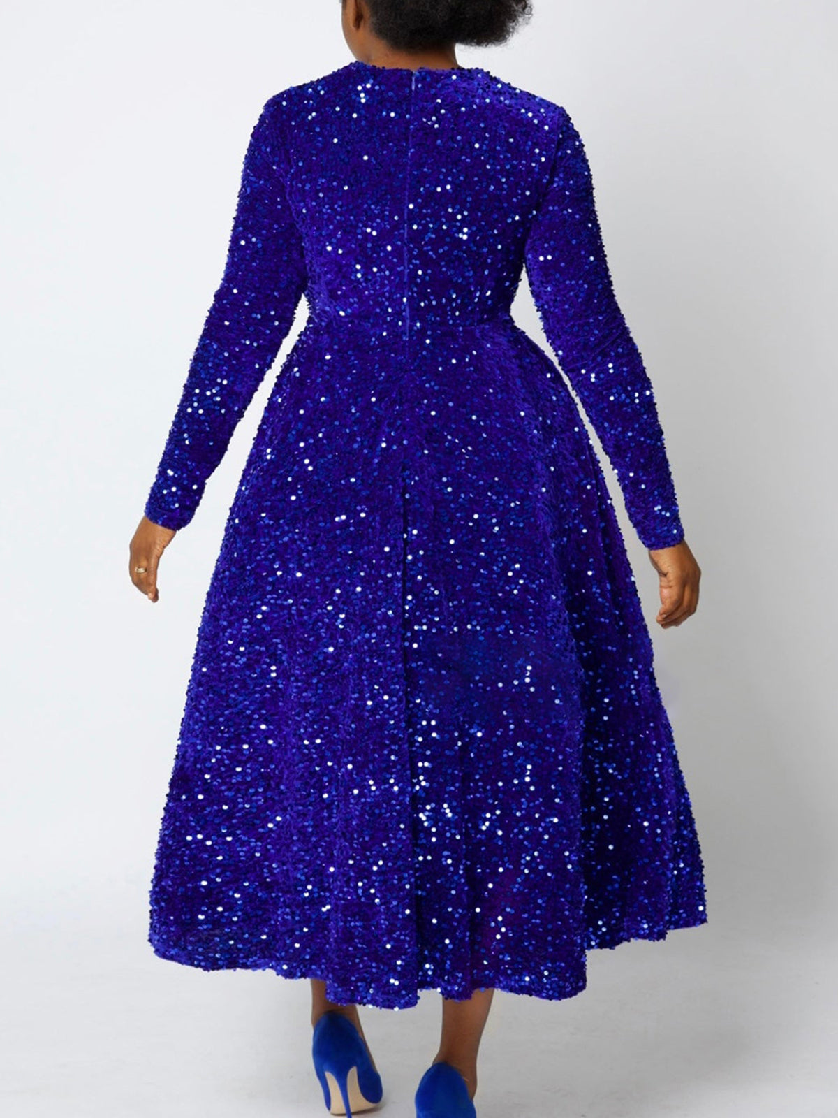 Long Sleeve Solid Color Sequin Dress