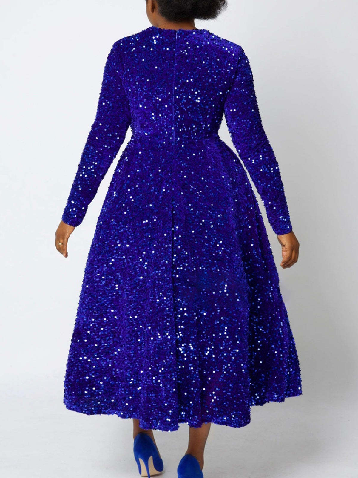 Long Sleeve Solid Color Sequin Dress