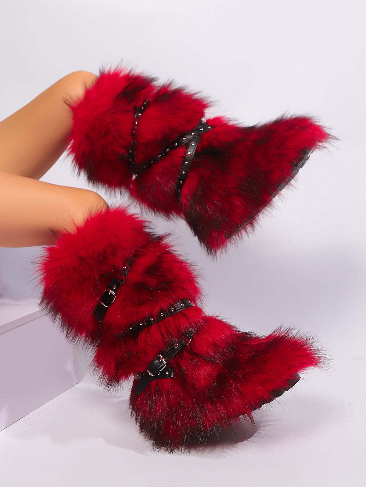 Y2K Faux Fur Cross Strap Buckle Boots