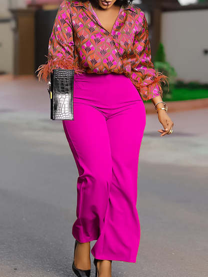 Printed Long Sleeve Shirt & Wide-Leg Pants