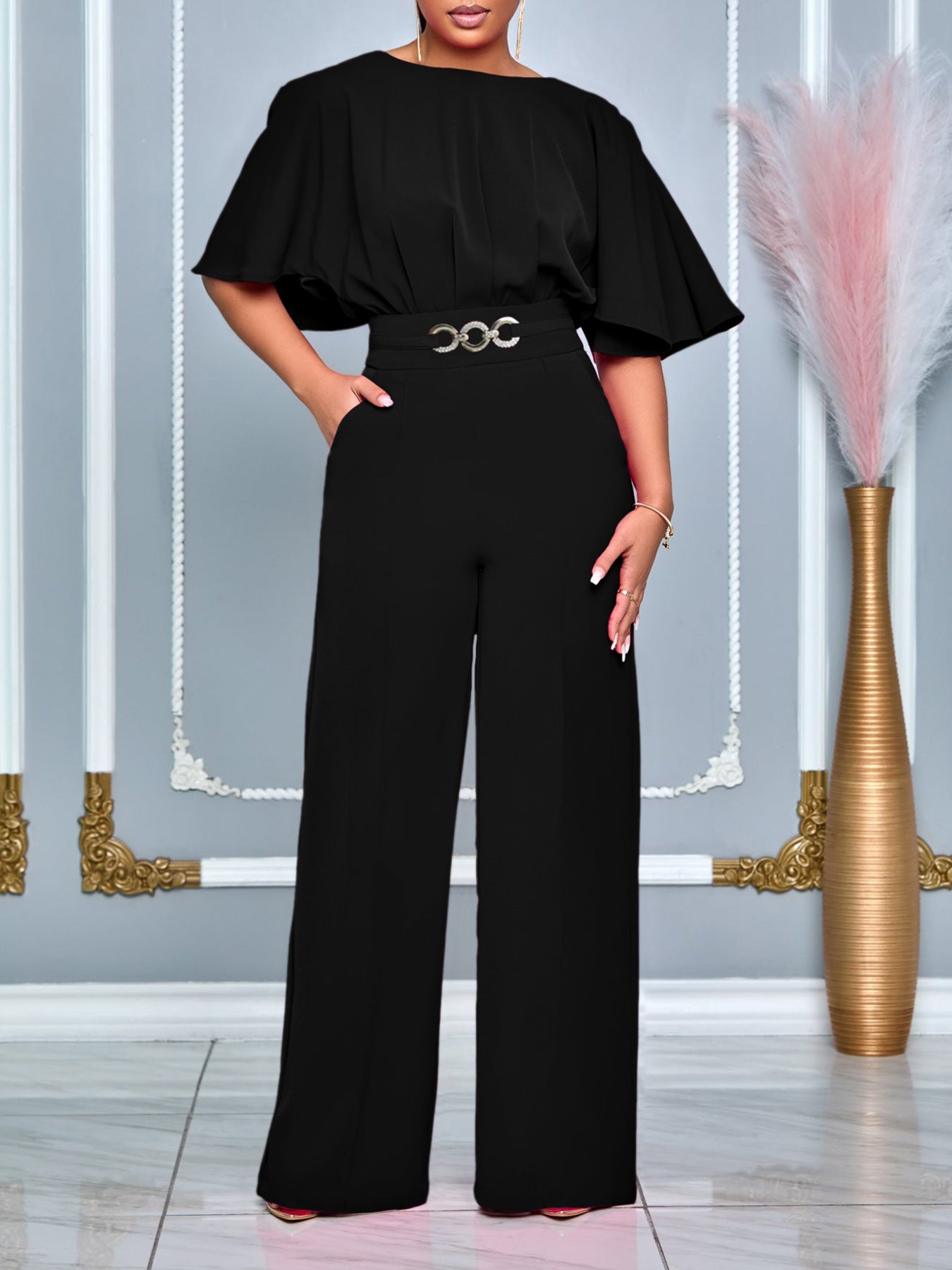 Round Neck Solid Color Wide-Leg Jumpsuit