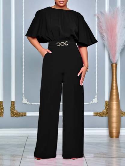 Round Neck Solid Color Wide-Leg Jumpsuit