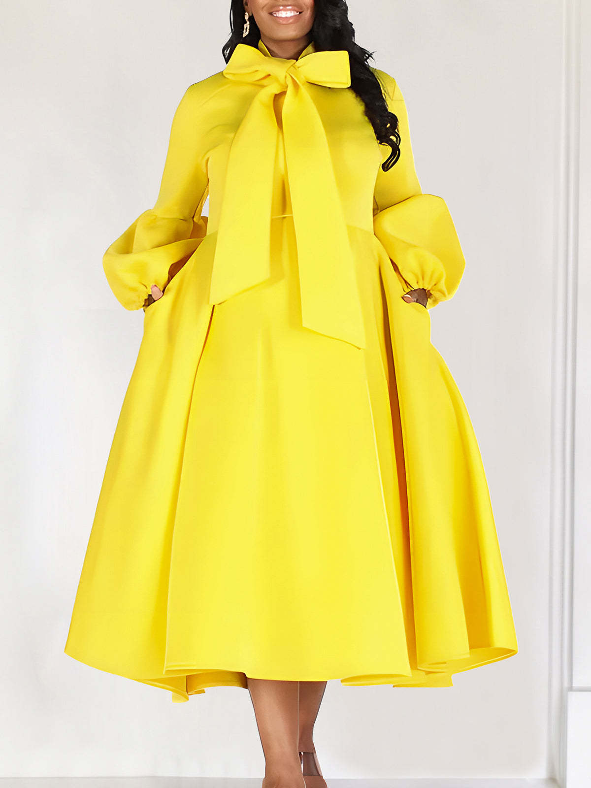 Puff Sleeve Bow-Tie Neck Flared Midi Dress