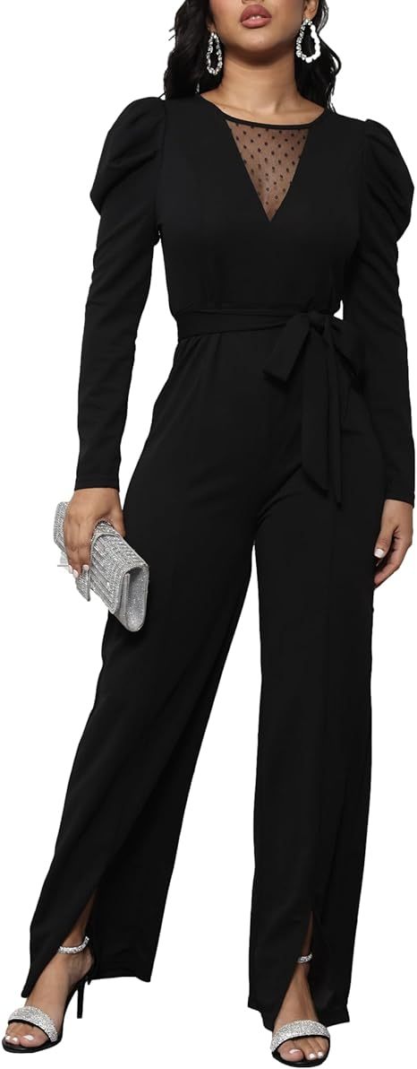 Puff Sleeve Tie Wide Leg Long Pant Jumpsuit