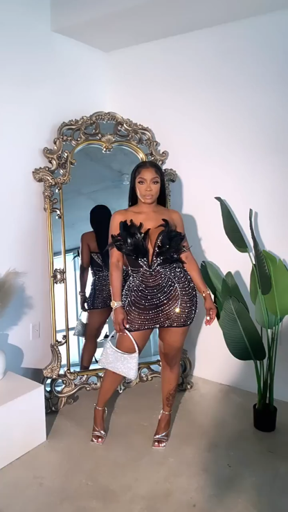 Feather Rhinestone Strapless Mini Dress