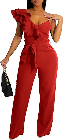 V-Neck Sleeveless Ruffle Backless Wide Leg Jumpsuit